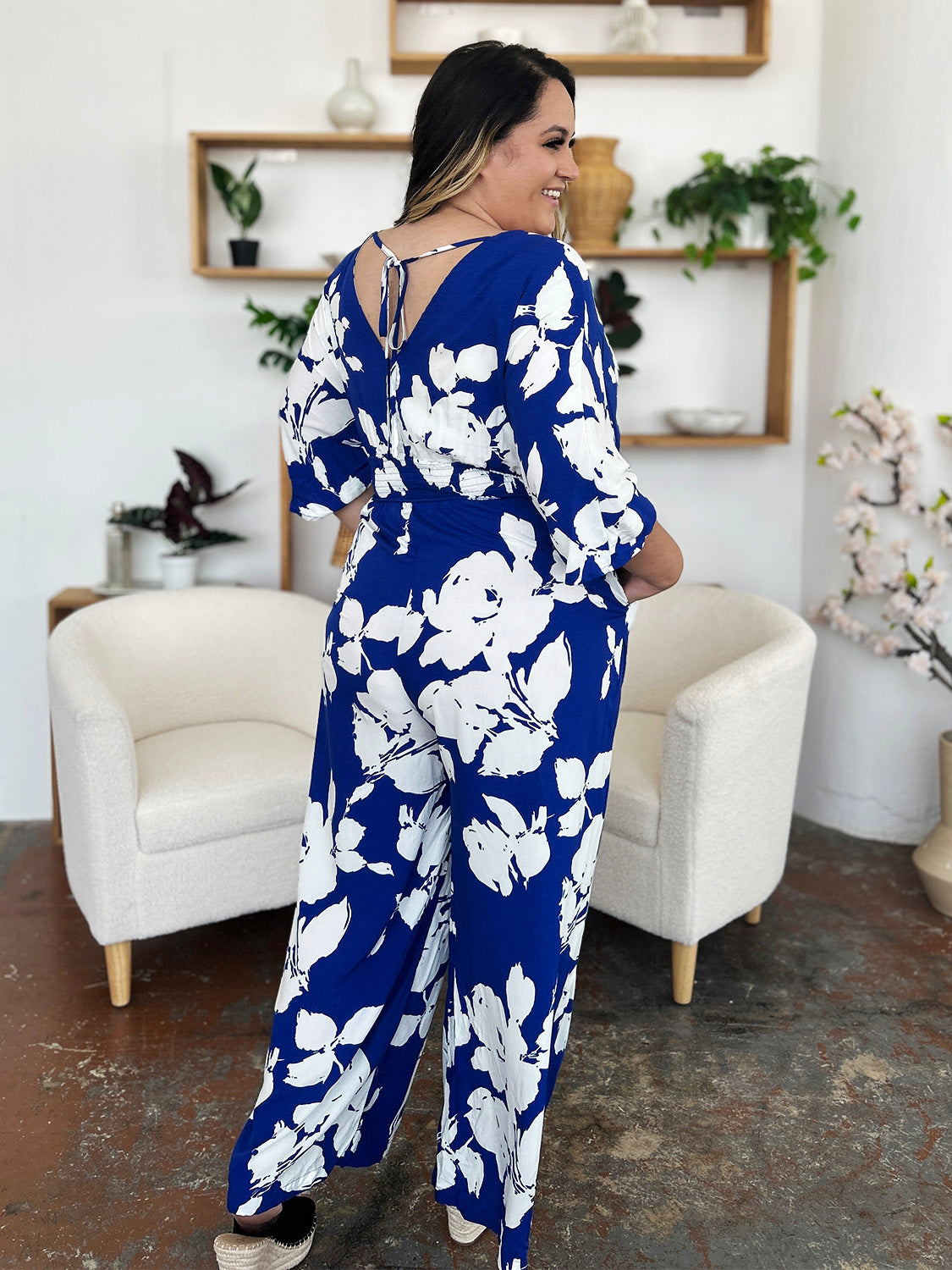 Double Take - Printed Tie Back Wide Leg Jumpsuit - S-3XL