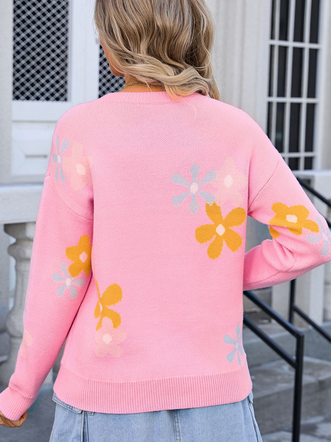 Angel Wings - Flower Round Neck Dropped Shoulder Sweater - Size: S-XL