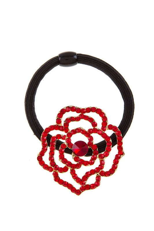 Bella Chic- Red Rhinestone Flower Hair Tie