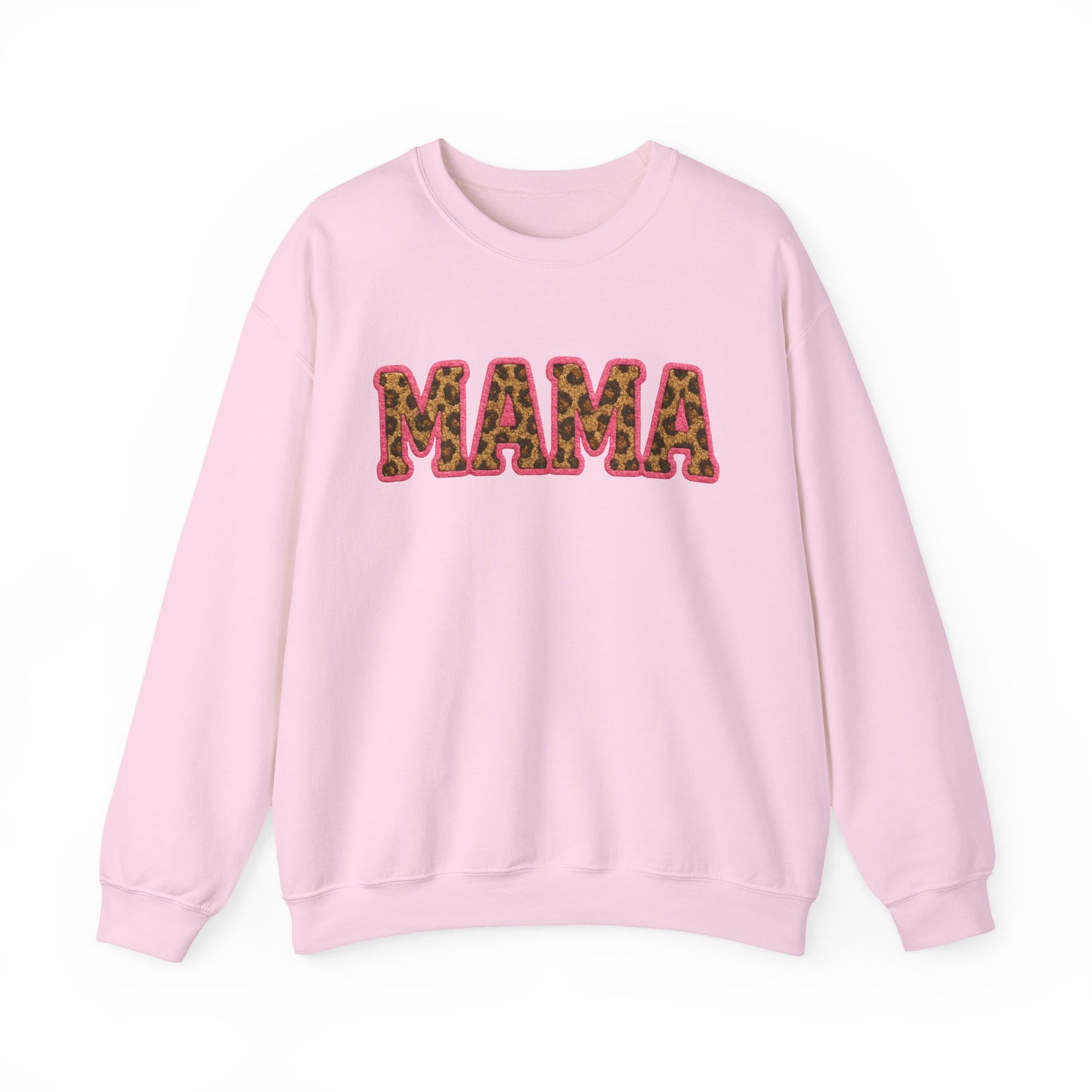 Mama & Mini "Mama" Faux Embroidery Pink Leopard Print DTG Graphic Crewneck Sweatshirt - Size: S-5XL