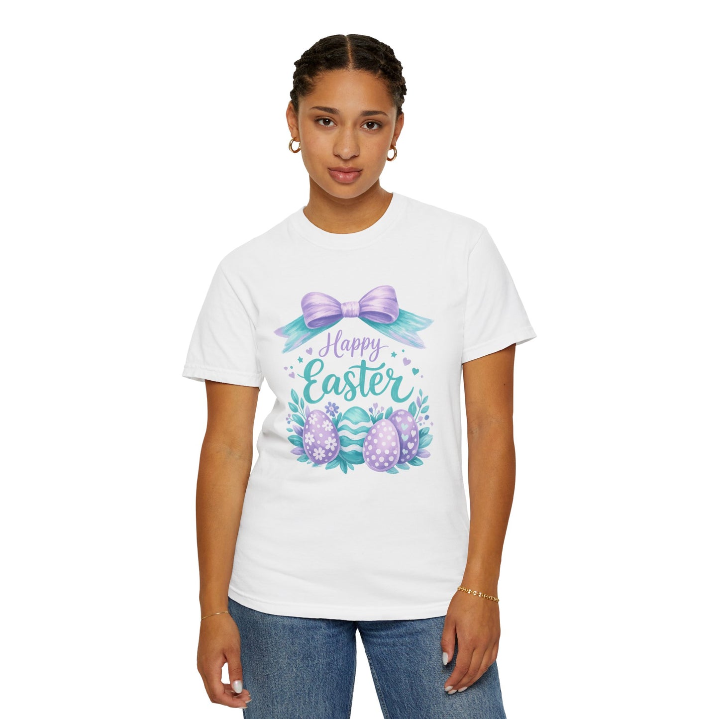 Adult Easter T-Shirt - "Happy Easter" Pastel Eggs & Bow Holiday Graphic Tee (Comfort Colors) - Size: S-4XL