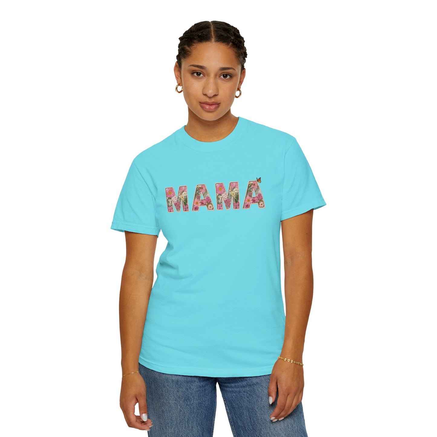 Spring Floral "MAMA" Graphic Tee (Comfort Colors) - Size: S-4XL - Cute Matching Mommy & Me Shirt, Pink Flower Lettering Mom Top, Gift for Moms