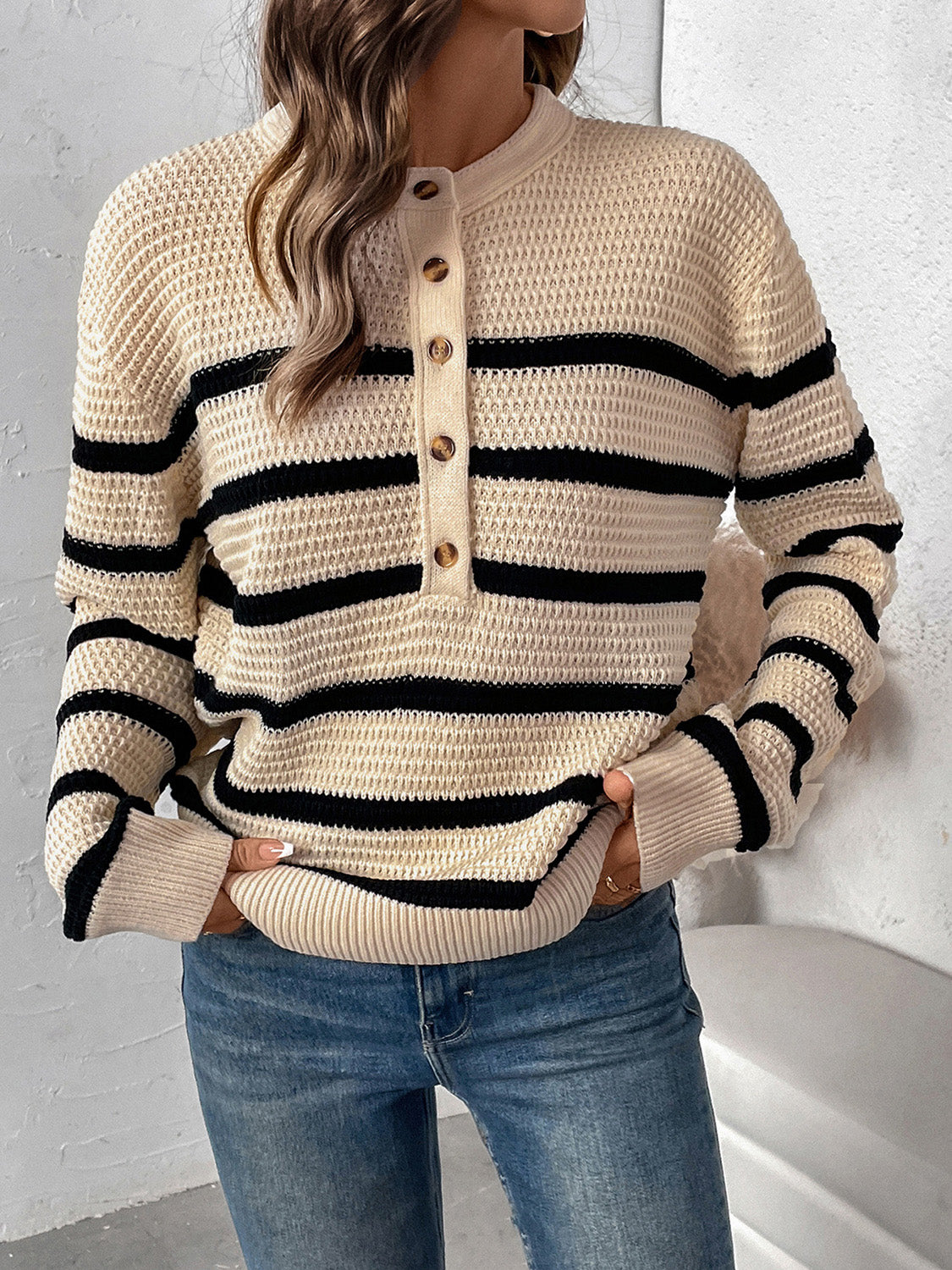 Perfee - Striped Half Button Long Sleeve Sweater