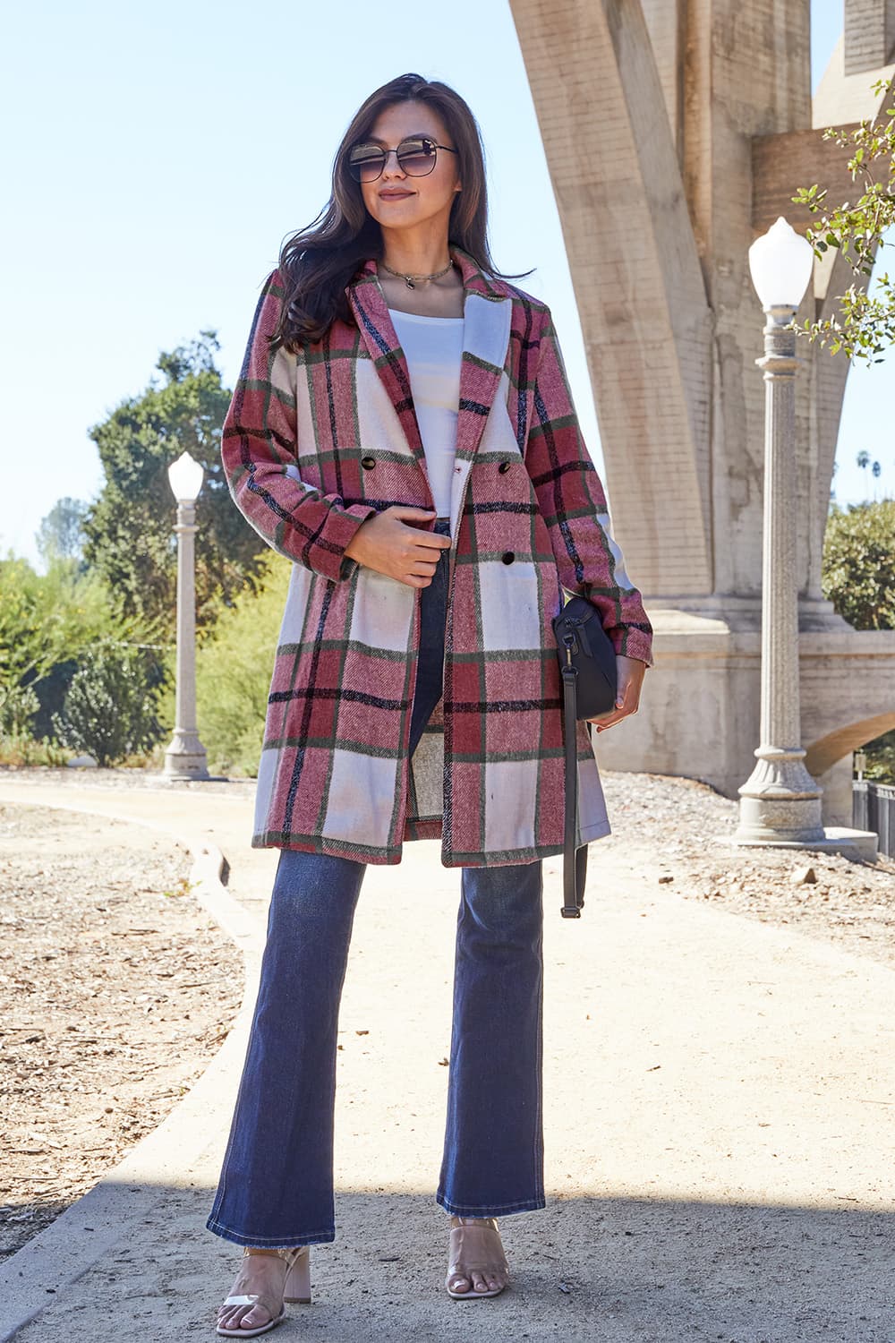 Double Take - Plaid Button Up Lapel Collar Coat - Size: S-3XL