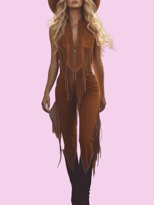 Brown Western Style Fringe Zip Front Jumpsuit - Size: S-2XL