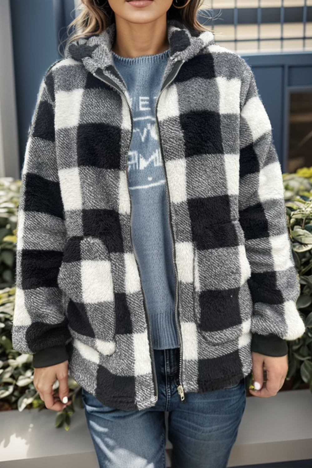 Double Take - Plaid Long Sleeve Hooded Coat - Size: S-3XL