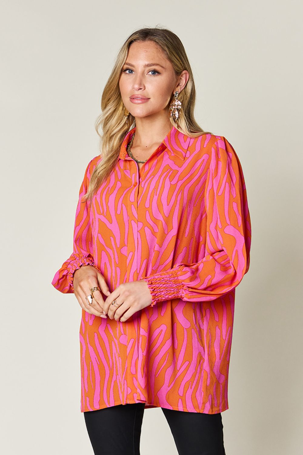 Double Take - Printed Smocked Long Sleeve Blouse - Size: S-3XL