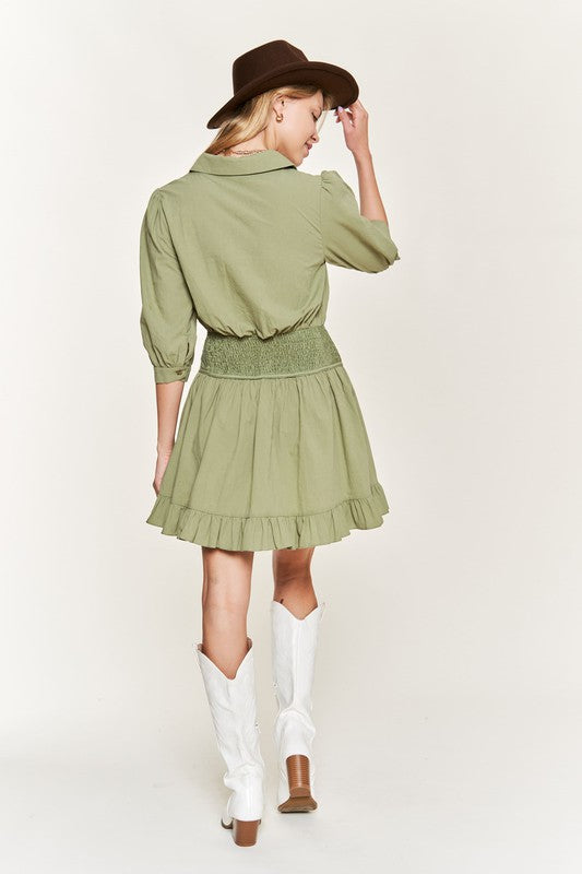 Jade By Jane - Eyelet Detail 3/4 Sleeve Short Dress - Color Options, Sizes S-XL