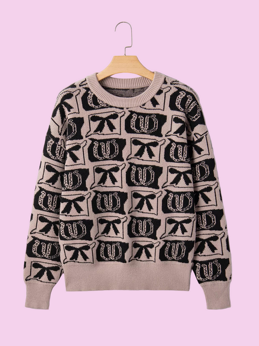 Bows & Horseshoes Pattern Round Neck Sweater - Size: S-XL