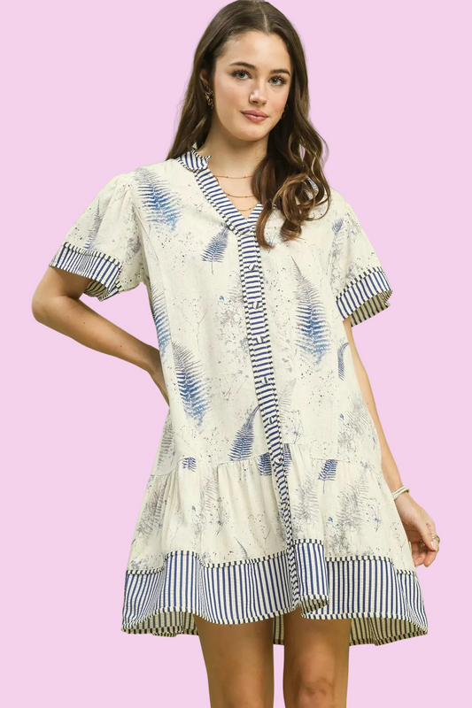 Umgee - Linen Mix Printed Button-Front Tiered Blue & White Mini Dress - Size: S-L
