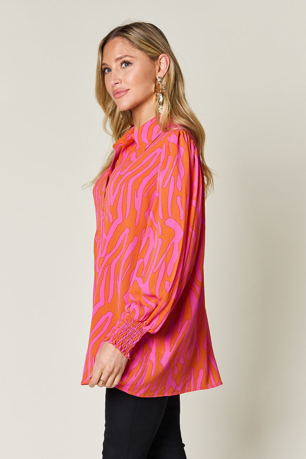 Double Take - Printed Smocked Long Sleeve Blouse - Size: S-3XL