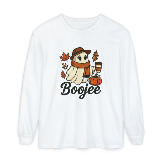 Boojee Ghost Long Sleeve Graphic T-shirt | Cozy Fall Aesthetic Tee - Size: S-3XL