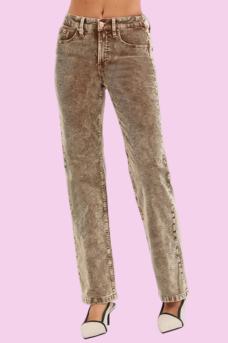 RISEN - Mocha Tummy Control Mid Rise Straight Leg Corduroy Pants - Size: O-15