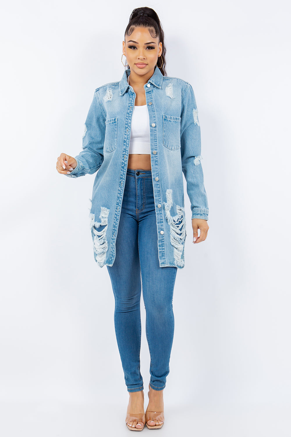 American Bazi - Distressed Button Up Long Sleeve Denim Jacket