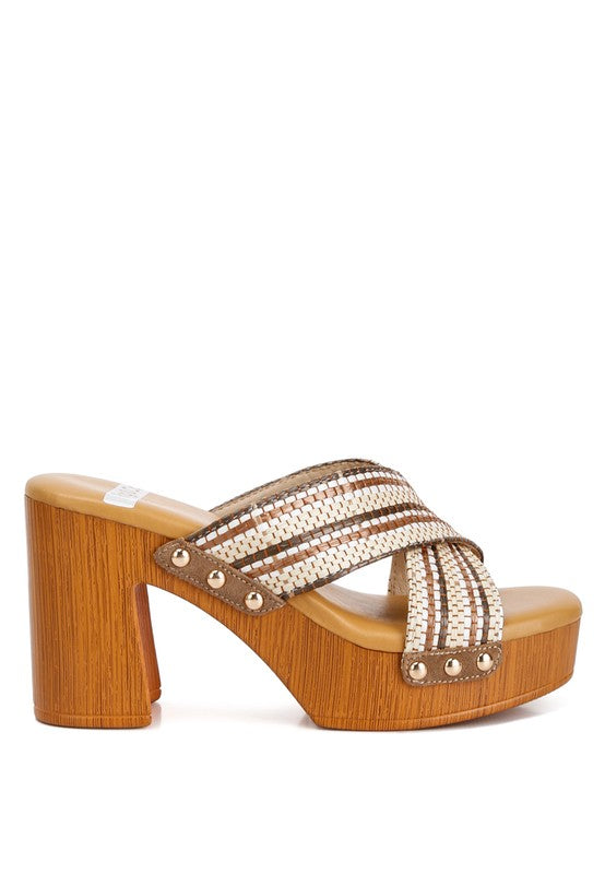 Rag & Co- Finley Raffia High Block Heel Clogs