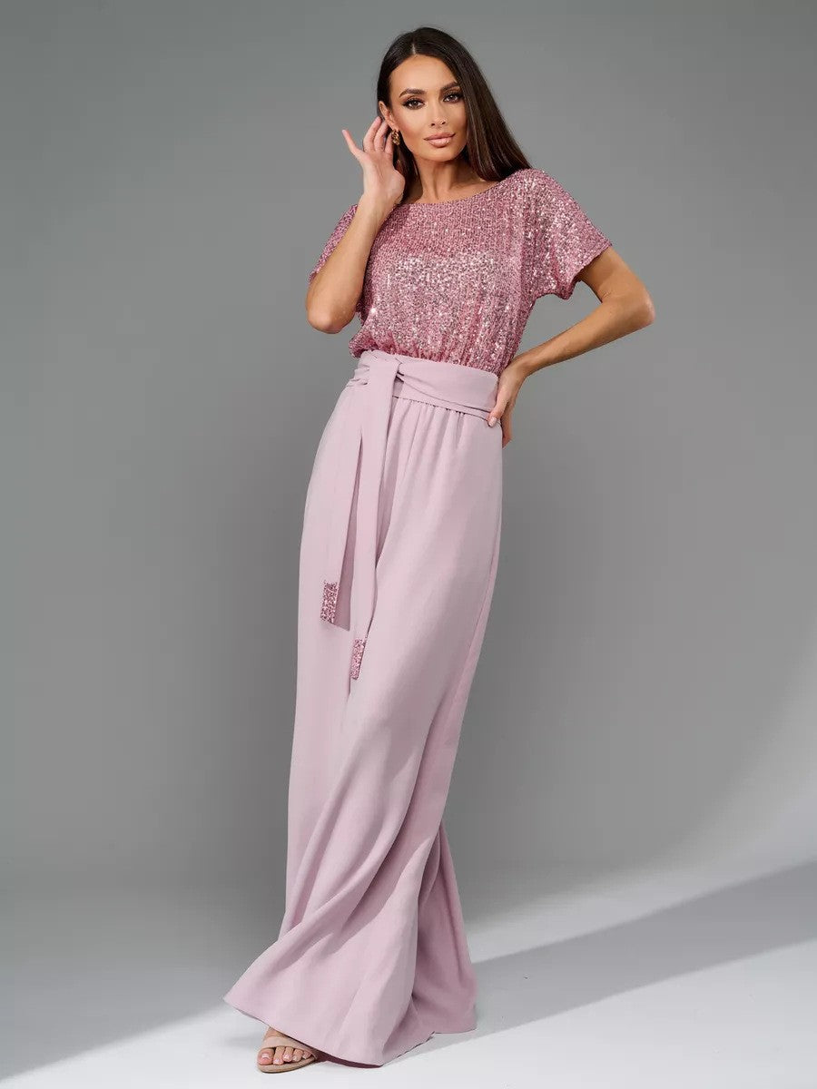 Sequin Round Neck Short Sleeve Wide Leg Jumpsuit - Size: S-3XL