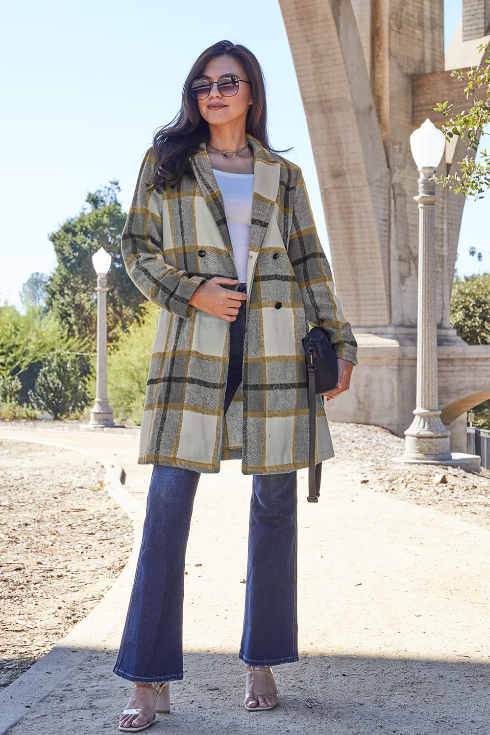 Double Take - Plaid Button Up Lapel Collar Coat - Size: S-3XL