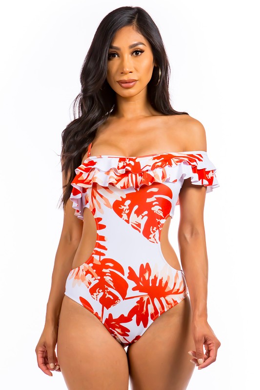 Mermaid Swimwear - Open Sided One Piece Bathing Suit With Ruffled Shoulder