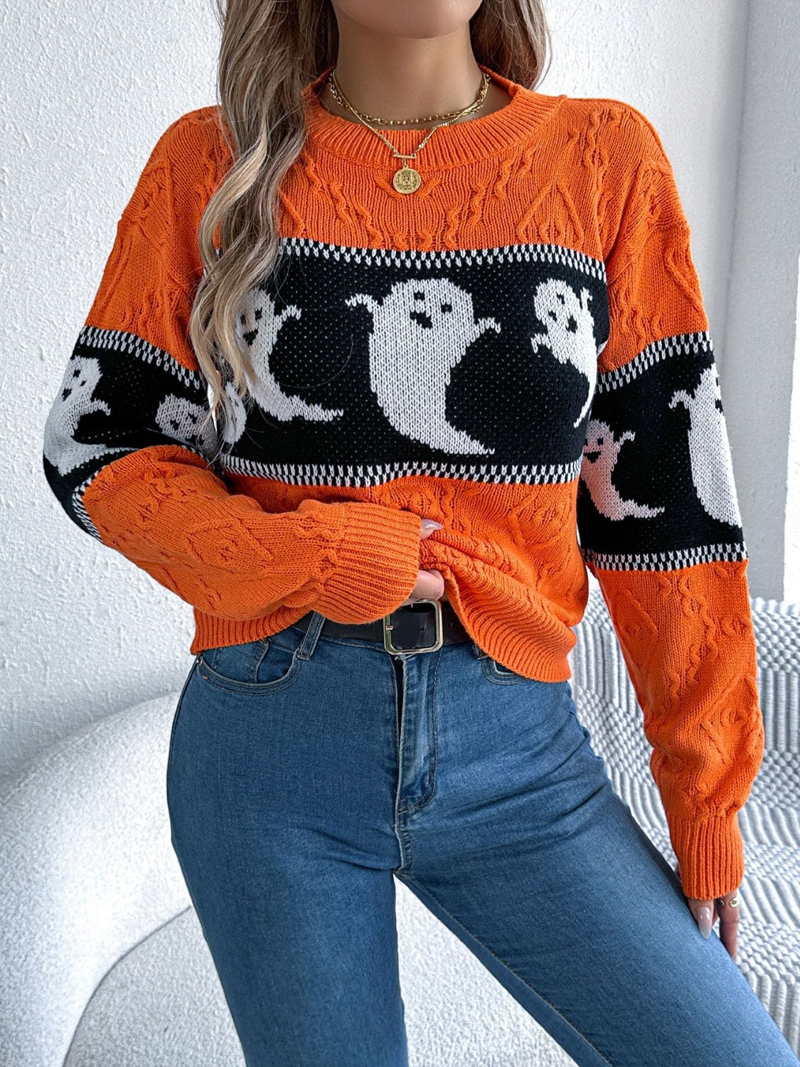 Ghost - Round Neck Long Sleeve Sweater - Halloween Collection