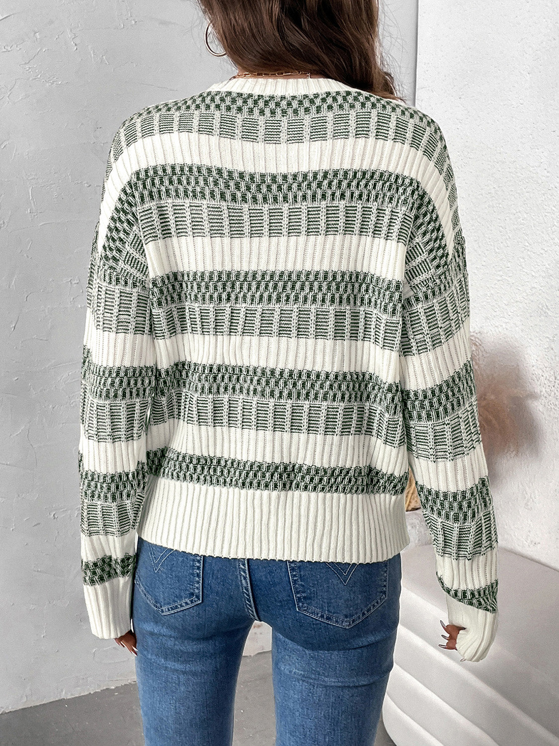 Perfee - Contrast Round Neck Long Sleeve Sweater