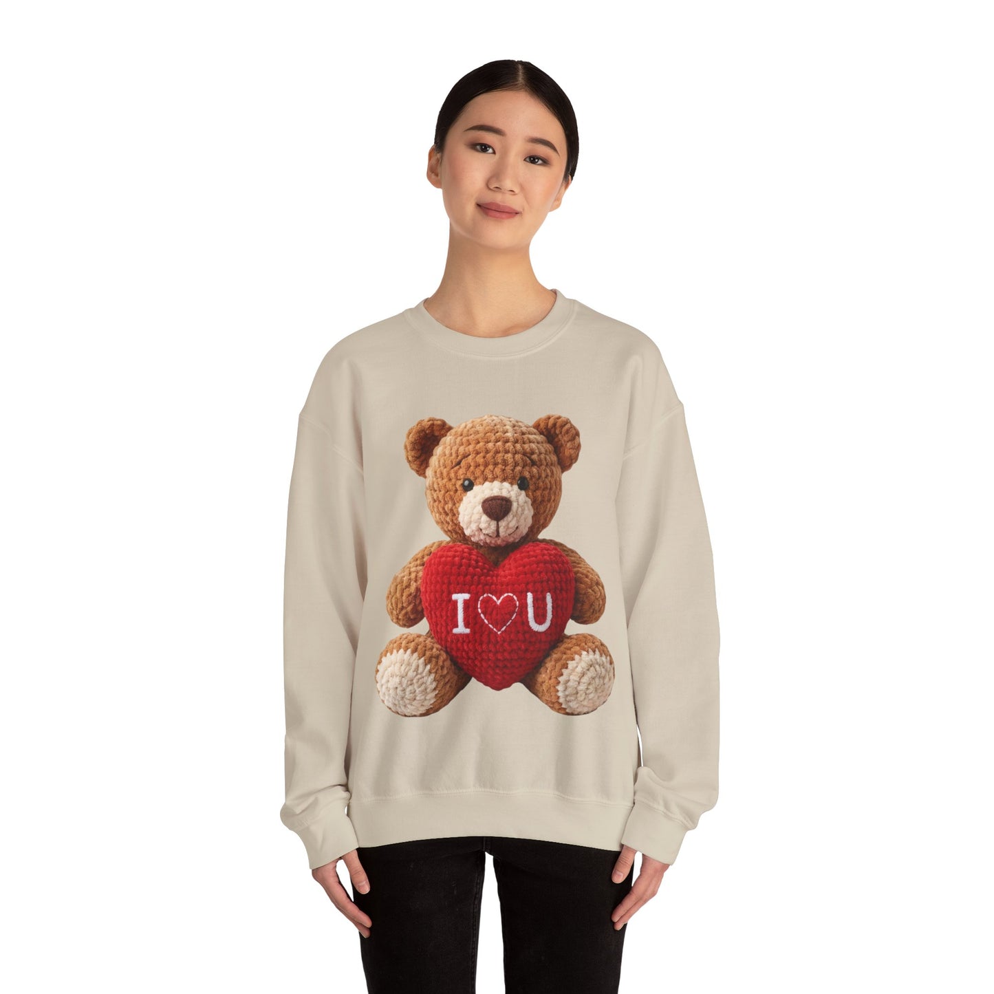 Valentine Faux Crochet I ❤️ U Teddy Bear Graphic Crewneck Sweatshirt (Gildan) - Size: S-3XL - Valentine's Day Shirt