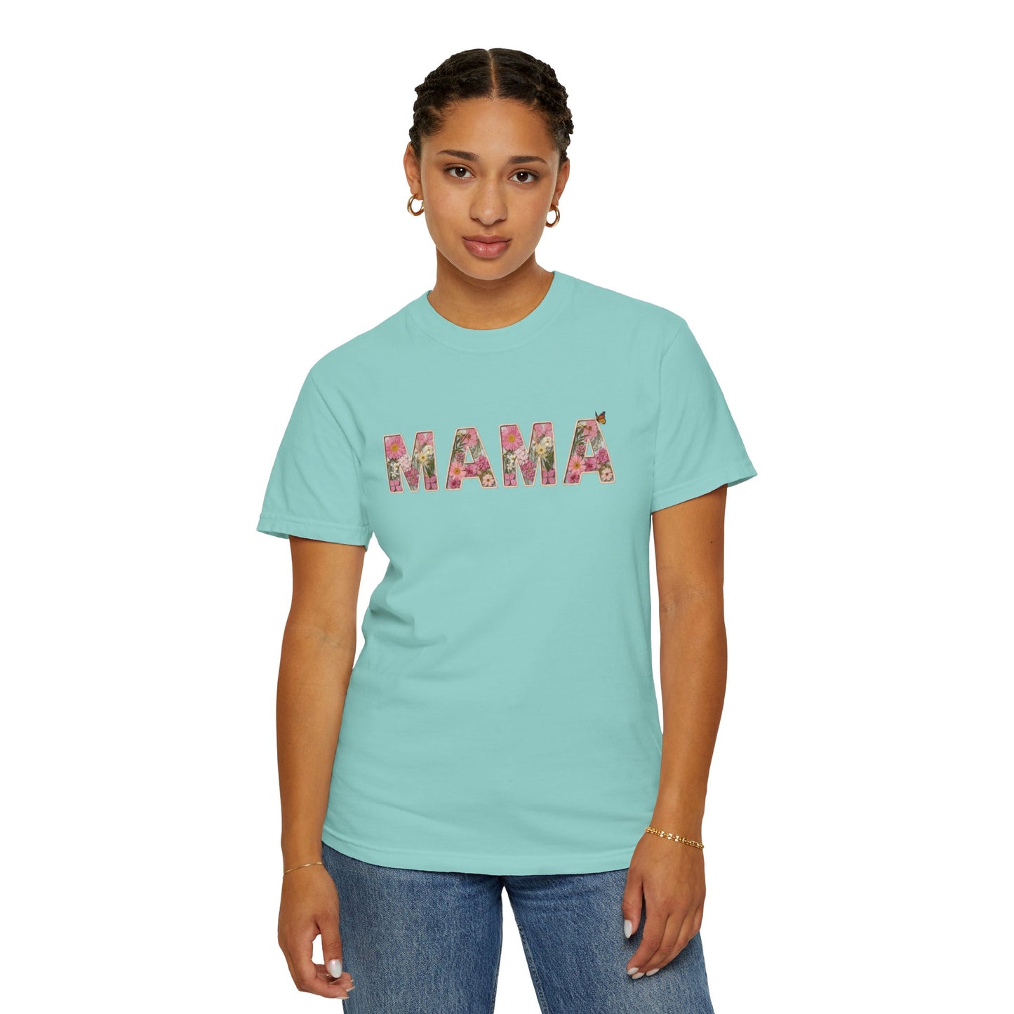 Spring Floral "MAMA" Graphic Tee (Comfort Colors) - Size: S-4XL - Cute Matching Mommy & Me Shirt, Pink Flower Lettering Mom Top, Gift for Moms