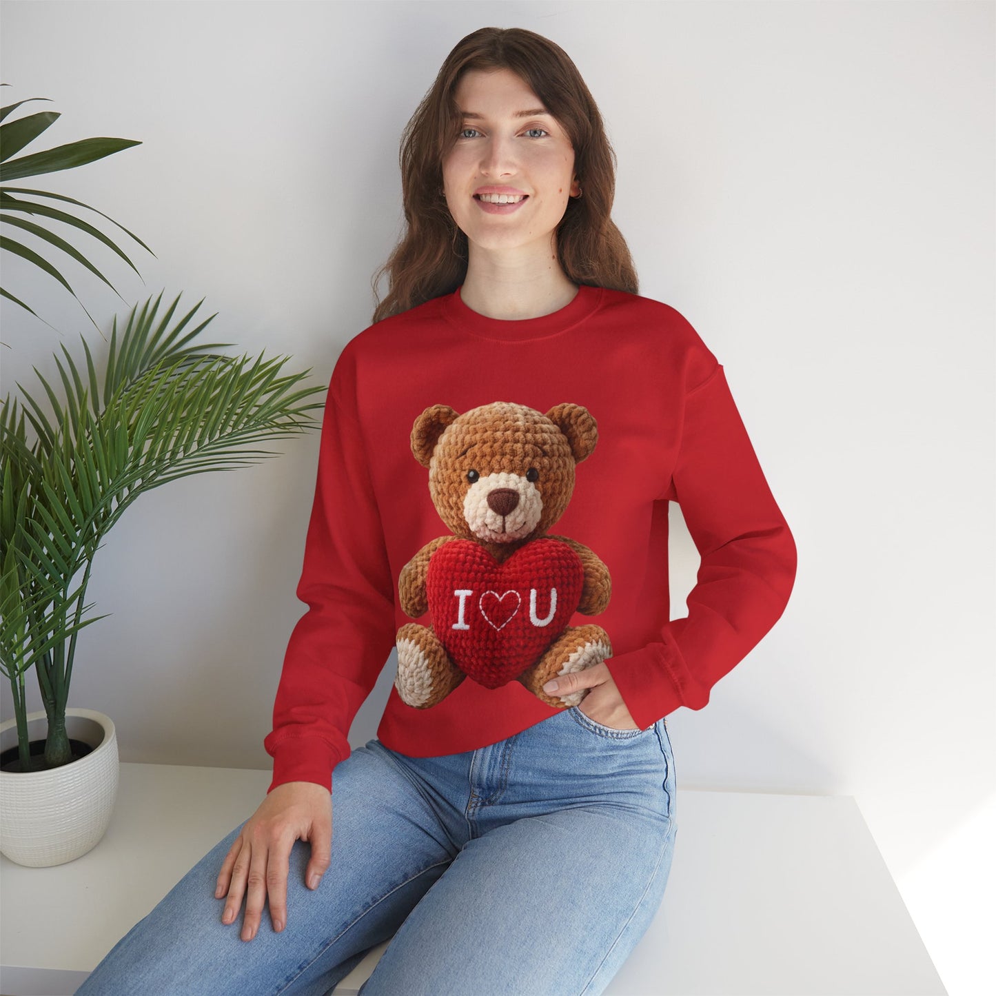 Valentine Faux Crochet I ❤️ U Teddy Bear Graphic Crewneck Sweatshirt (Gildan) - Size: S-3XL - Valentine's Day Shirt