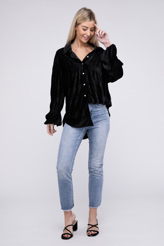 Bibi - Wrinkle Effect Tiered Shirring Velvet Shirt w/ Color Options