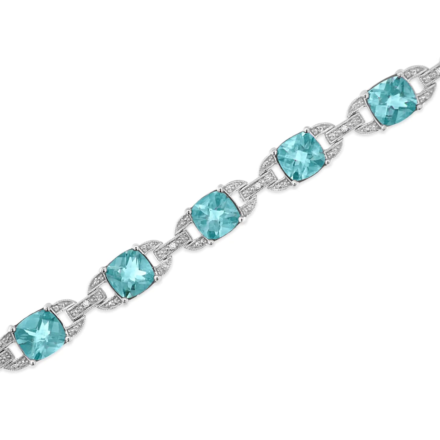 .925 Sterling Silver 7x7 mm Cushion Cut Blue Topaz and 1/20 cttw Round Cut Diamond Fashion Tennis Bracelet (I-J Color, I1-I2 Clarity) - 7" - (The Luxe Line)