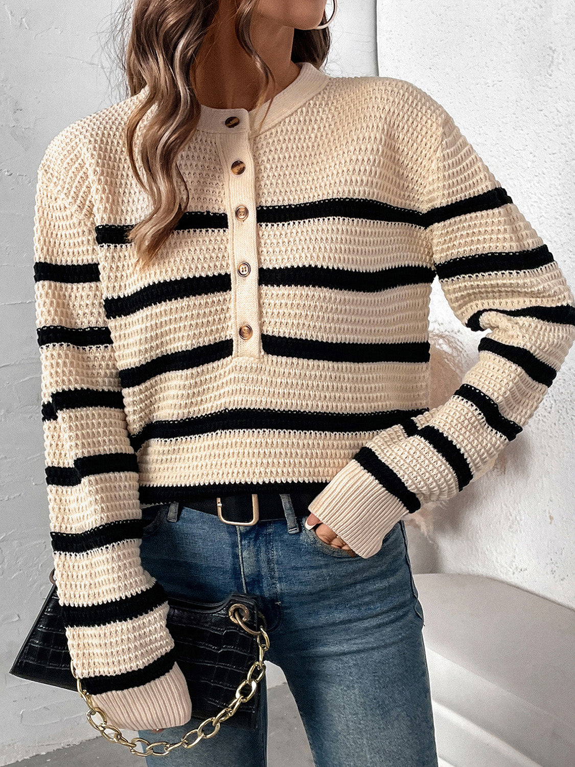 Perfee - Striped Half Button Long Sleeve Sweater