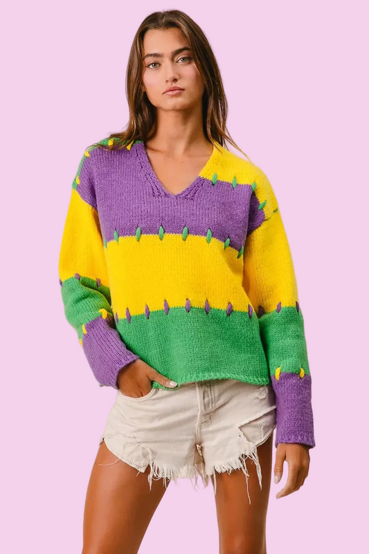 BiBi - Stitch Detail Mardi Gras Stripes Sweater - Size: S-XL - Mardi Gras Outfit Ideas