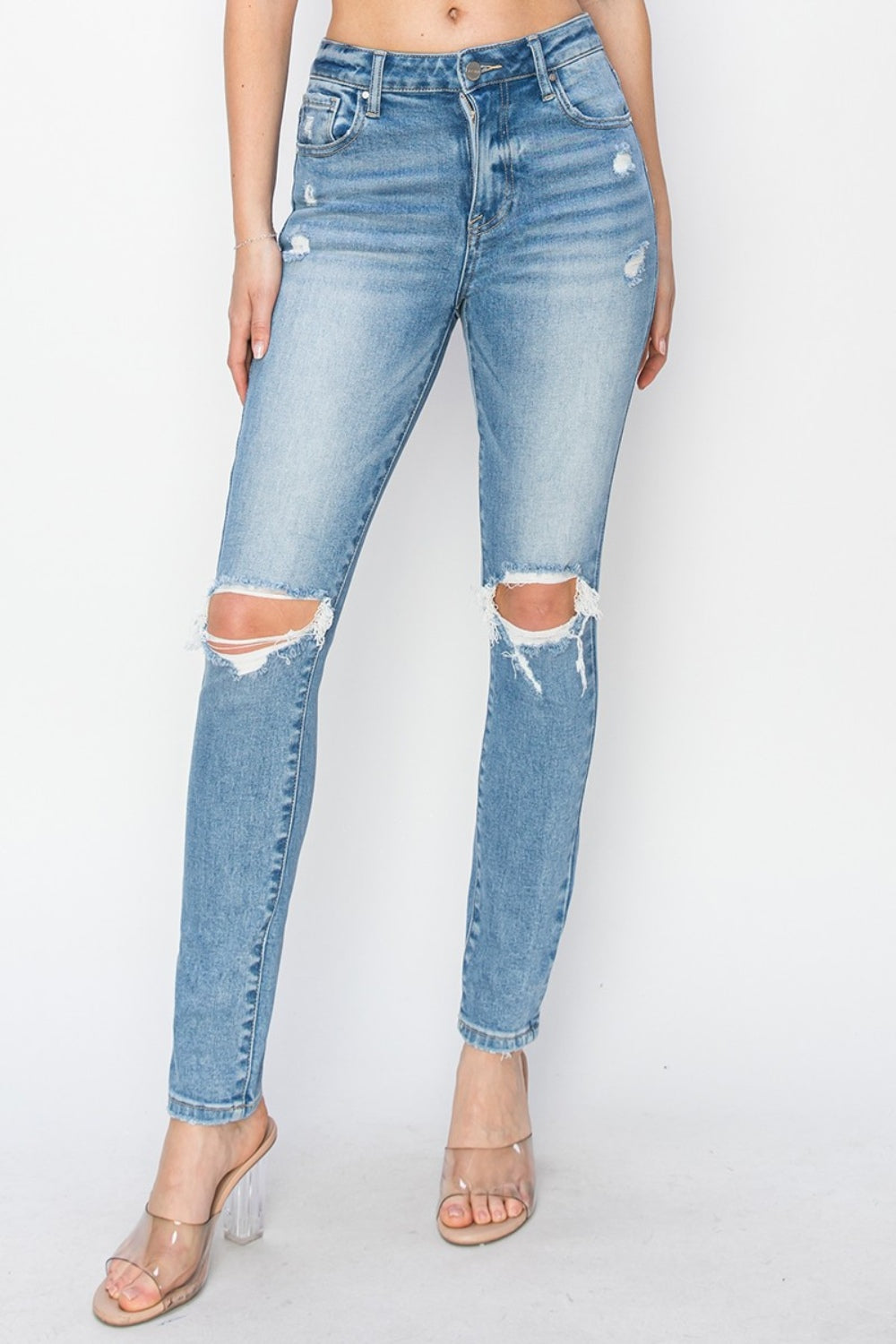 Risen - High Rise Knee Distressed Skinny Jeans - Size: 0-3XL