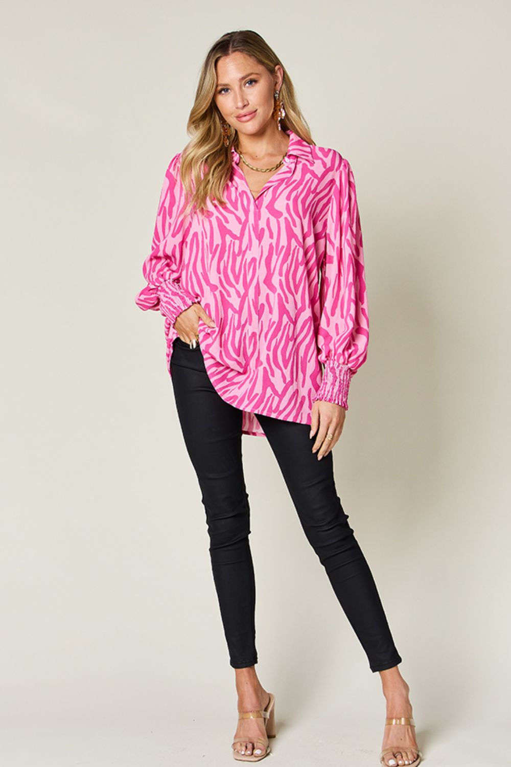 Double Take - Printed Smocked Long Sleeve Blouse - Size: S-3XL