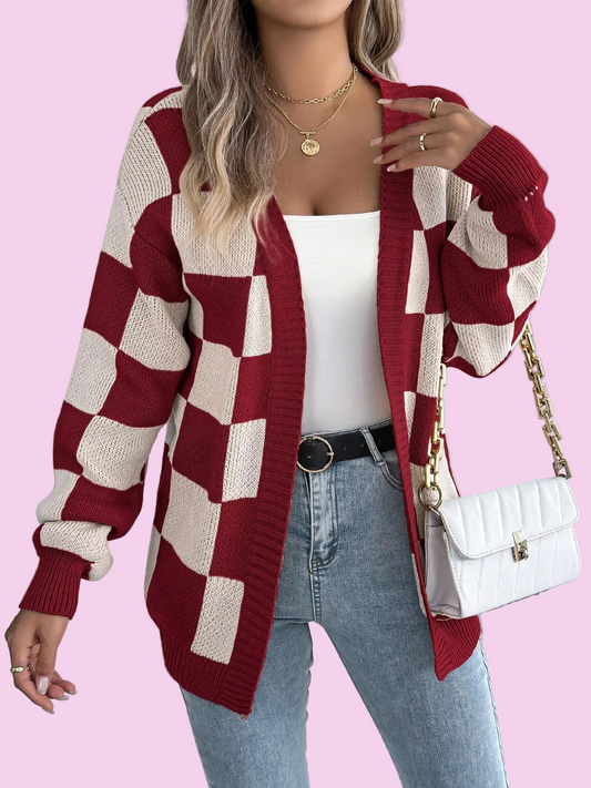 Checkered Pattern Open Front Cardigan - Size: S-XL