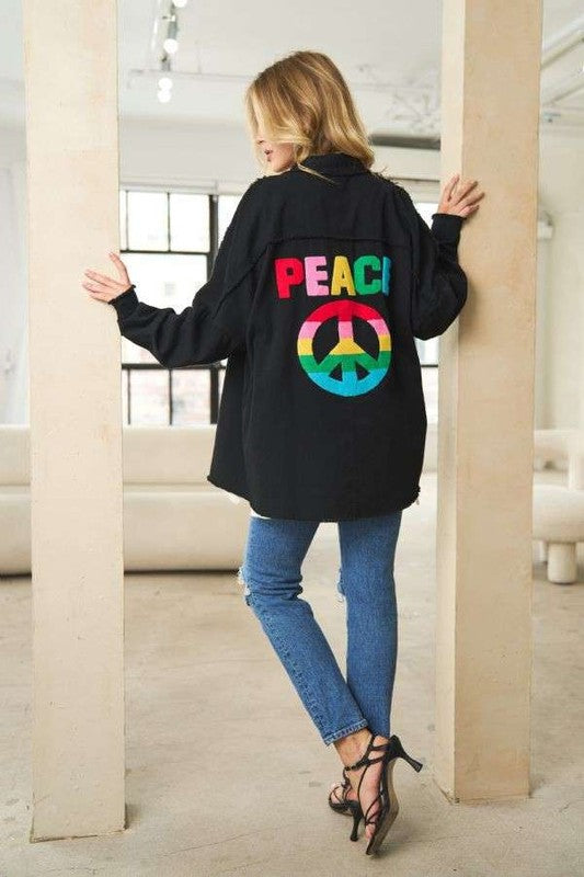 Davi & Dani - Multi Color Lettering Peace Symbol Button Up Shacket