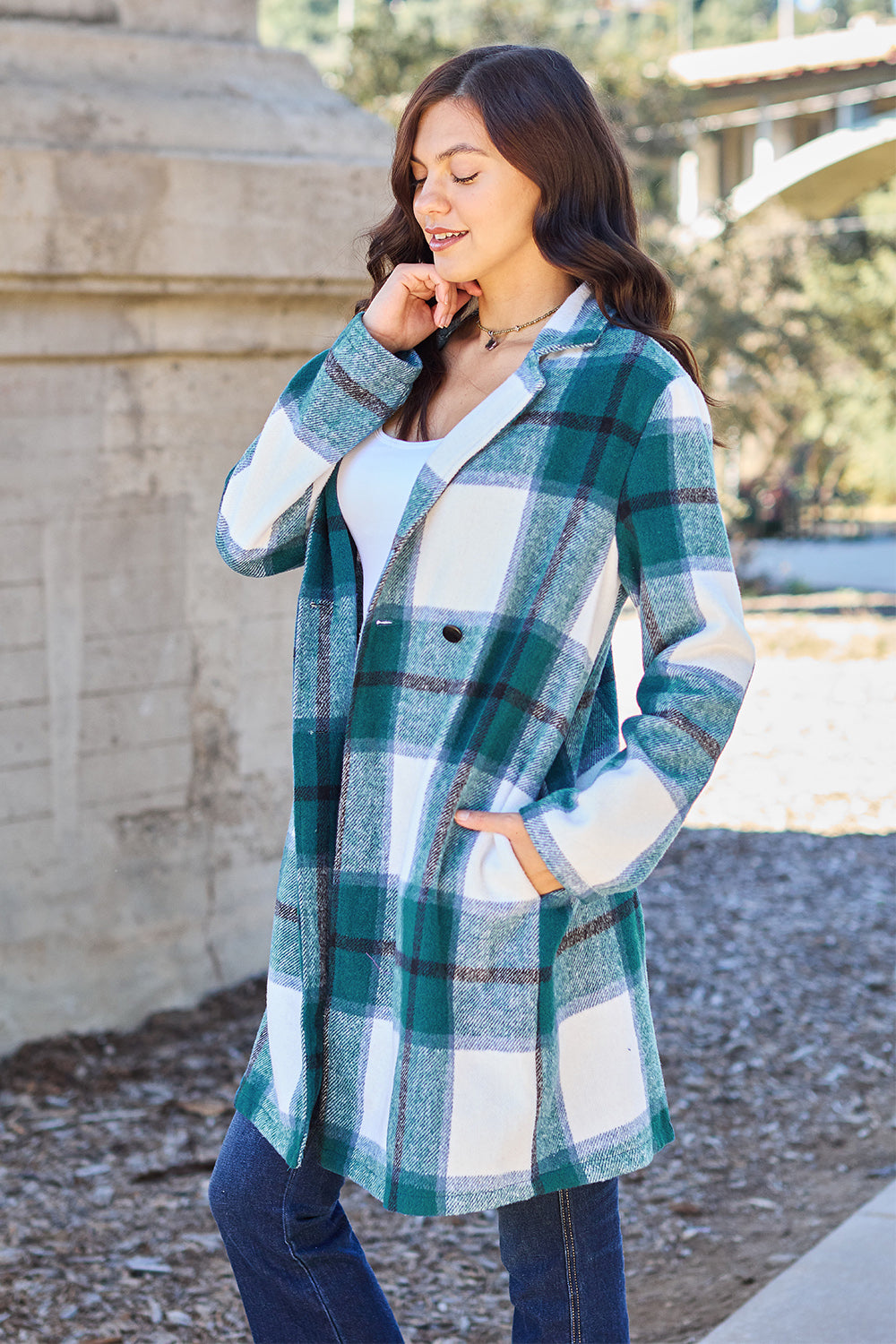 Double Take - Plaid Button Up Lapel Collar Coat - Size: S-3XL