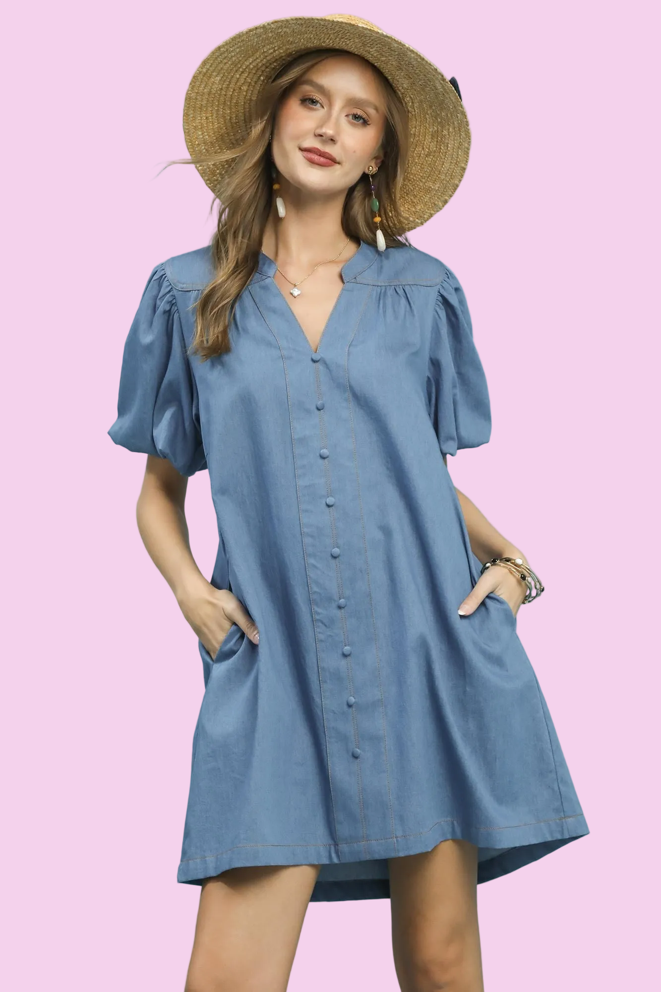 Umgee - Chambray Puff Sleeve Spring Dress - Size: S-L