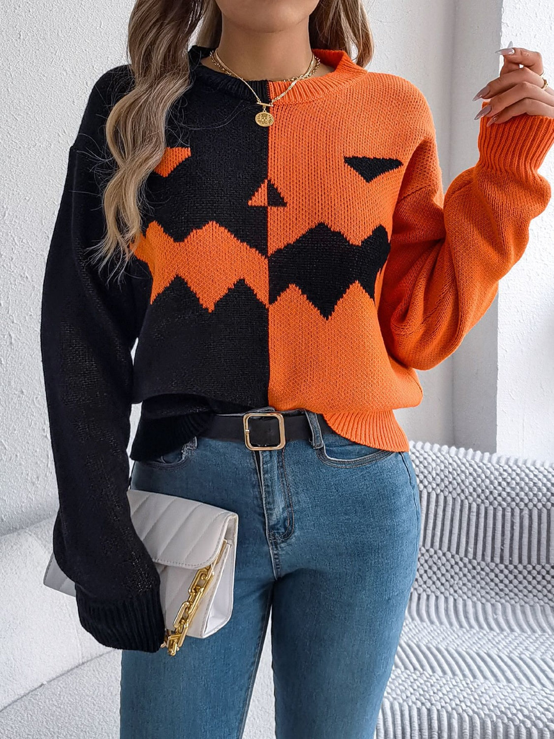 Jack-o'-lantern - Contrast Round Neck Long Sleeve Sweater - Halloween Collection