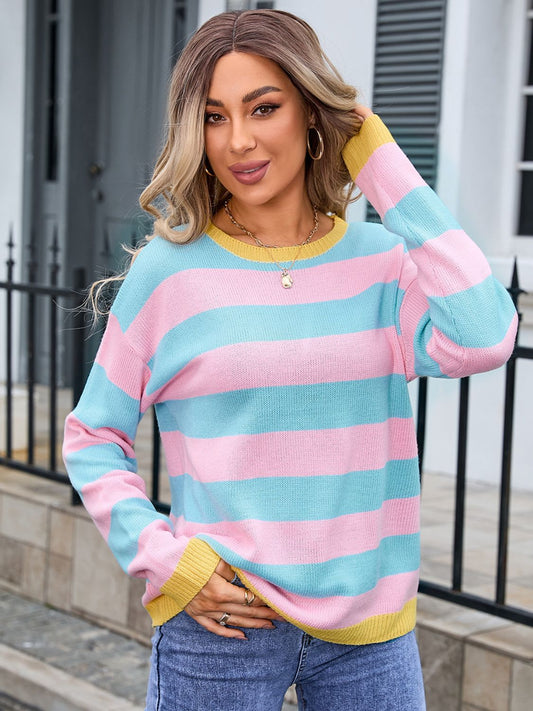 Angel Wings - Striped Round Neck Dropped Shoulder Sweater - Size: S-XL