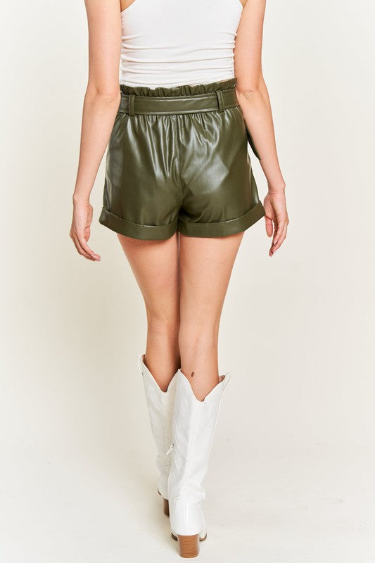 Jade by Jane - High-rise Waist Belted Faux Leather Short in Black or Olive