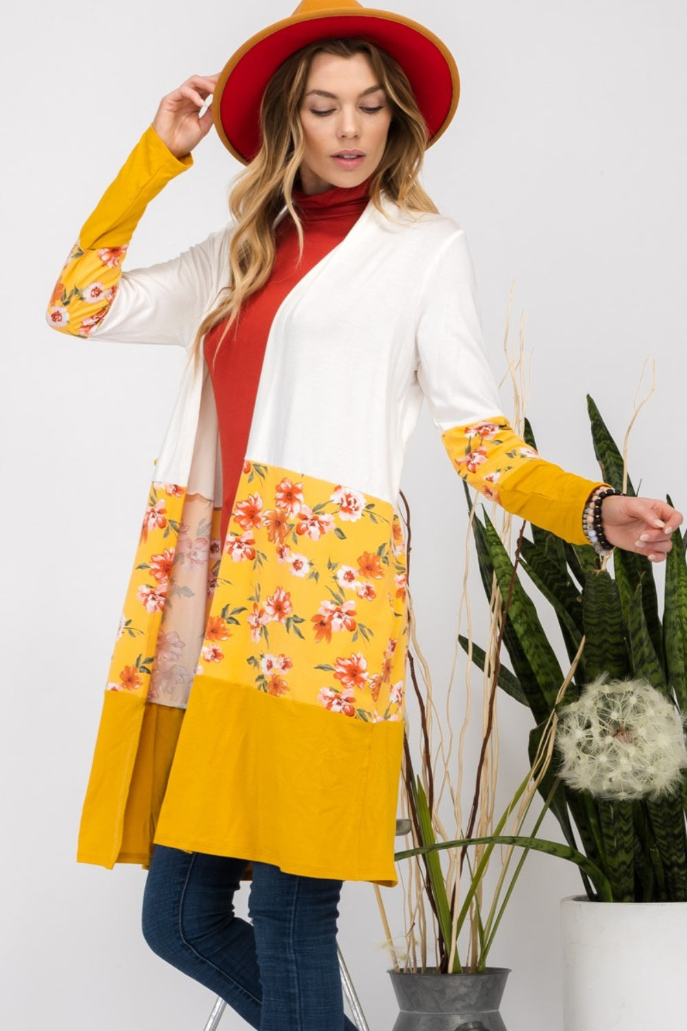 Celeste - Floral Color Block Open Front Cardigan - Size: S-3XL