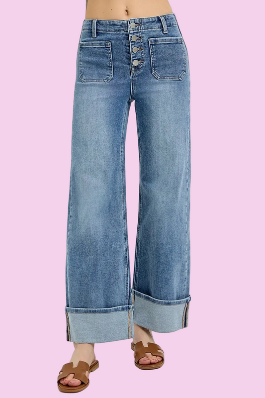 RISEN - High Rise Wide Leg Cuffed Jeans - Size: 1-13