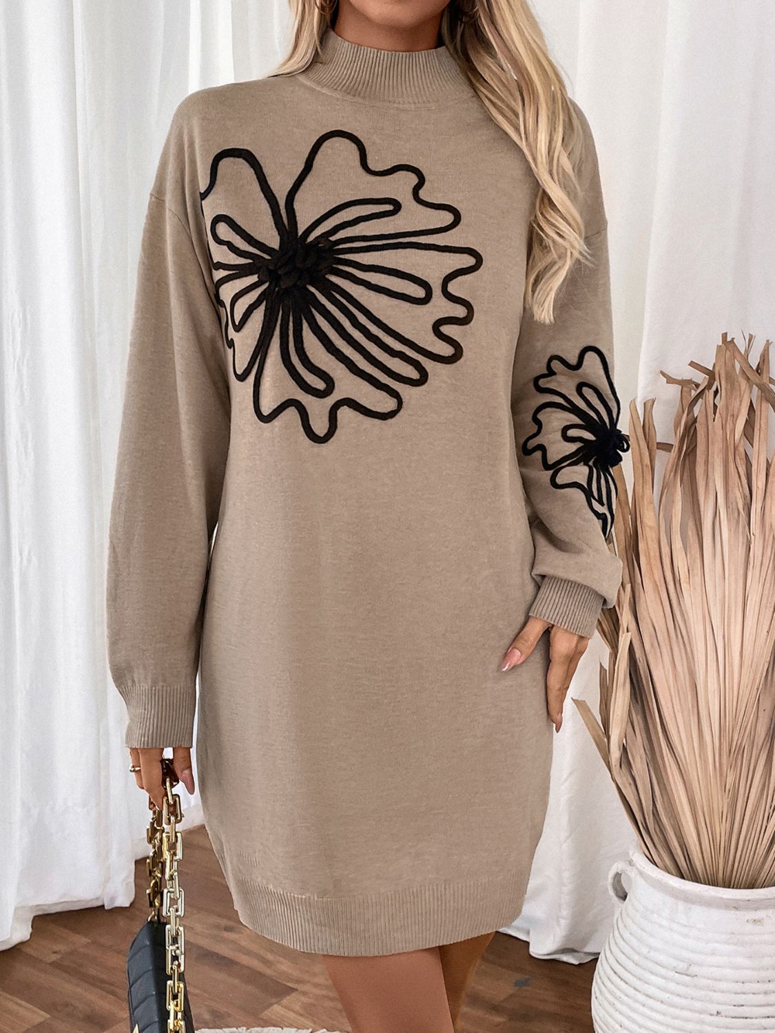 Perfee - Flower Mock Neck Long Sleeve Sweater Dress