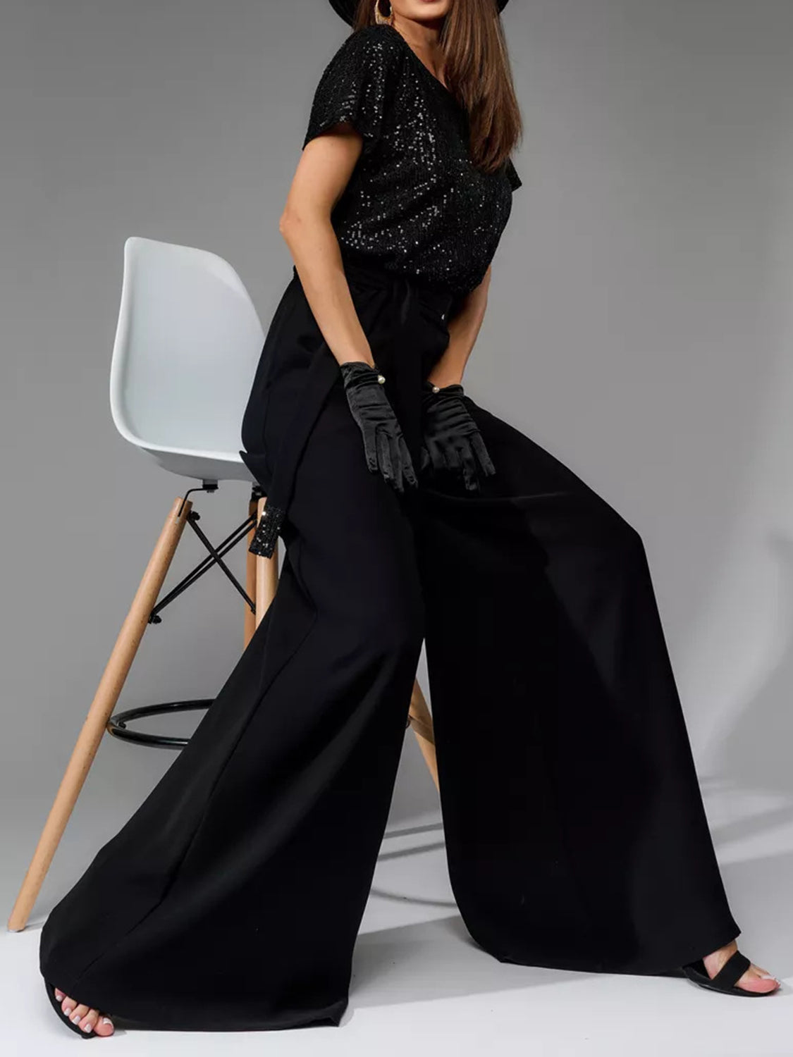 Sequin Round Neck Short Sleeve Wide Leg Jumpsuit - Size: S-3XL