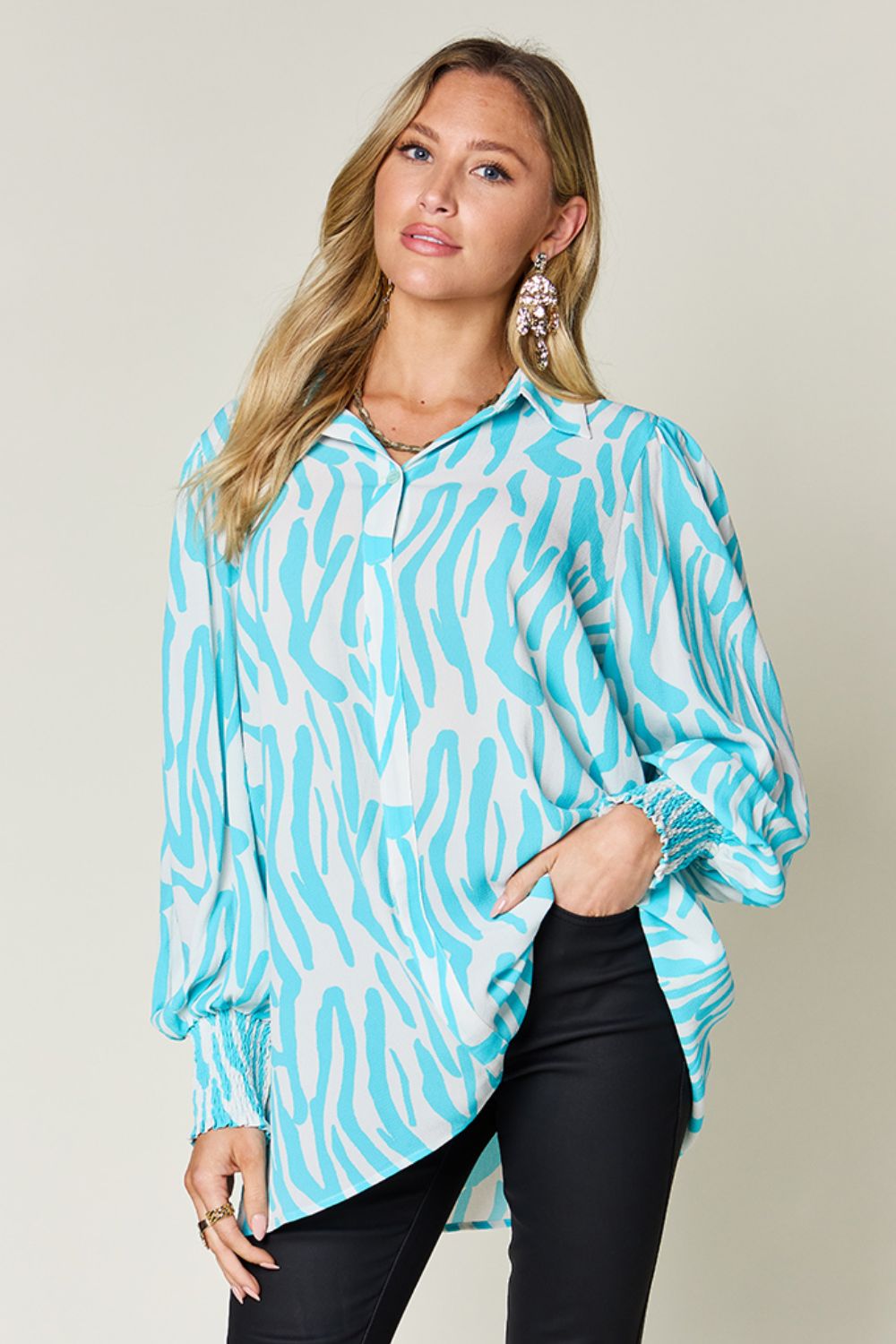 Double Take - Printed Smocked Long Sleeve Blouse - Size: S-3XL