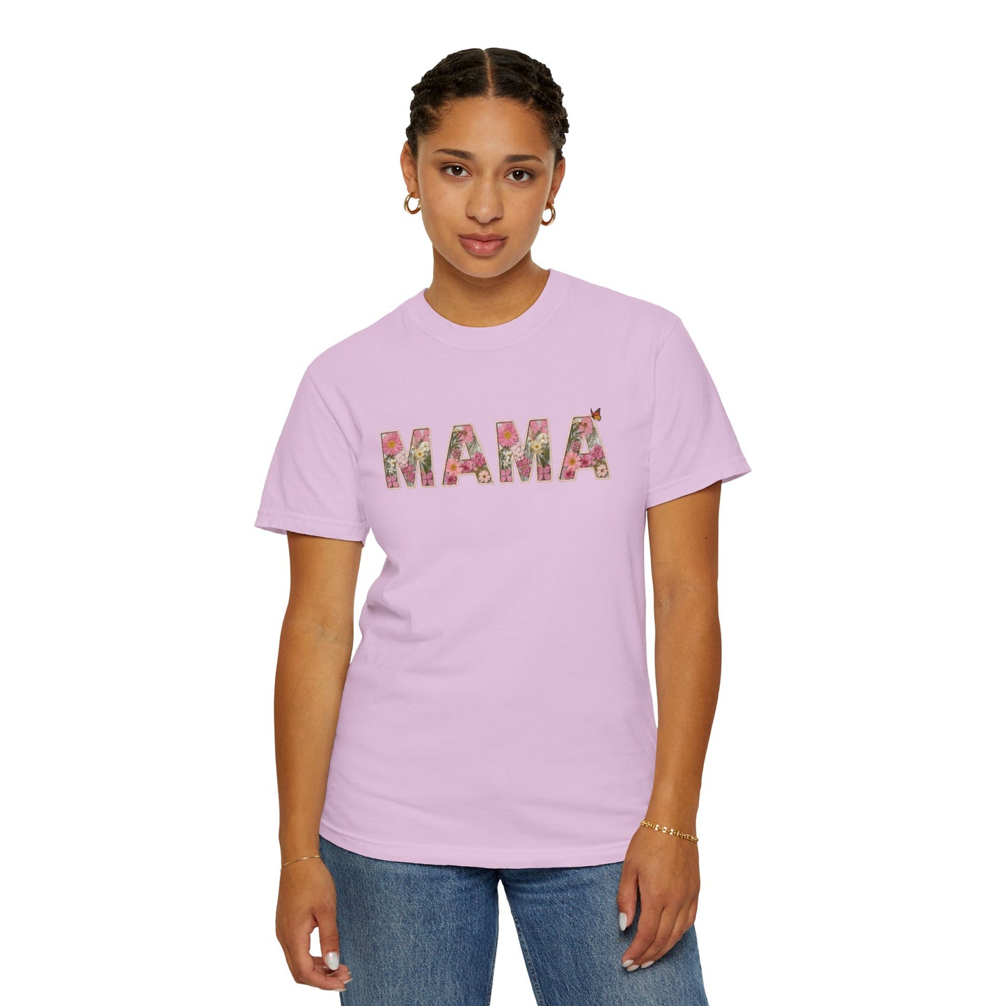 Spring Floral "MAMA" Graphic Tee (Comfort Colors) - Size: S-4XL - Cute Matching Mommy & Me Shirt, Pink Flower Lettering Mom Top, Gift for Moms