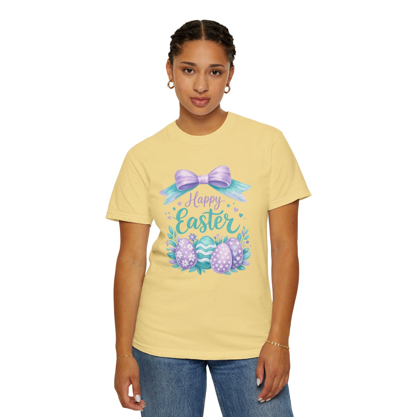 Adult Easter T-Shirt - "Happy Easter" Pastel Eggs & Bow Holiday Graphic Tee (Comfort Colors) - Size: S-4XL