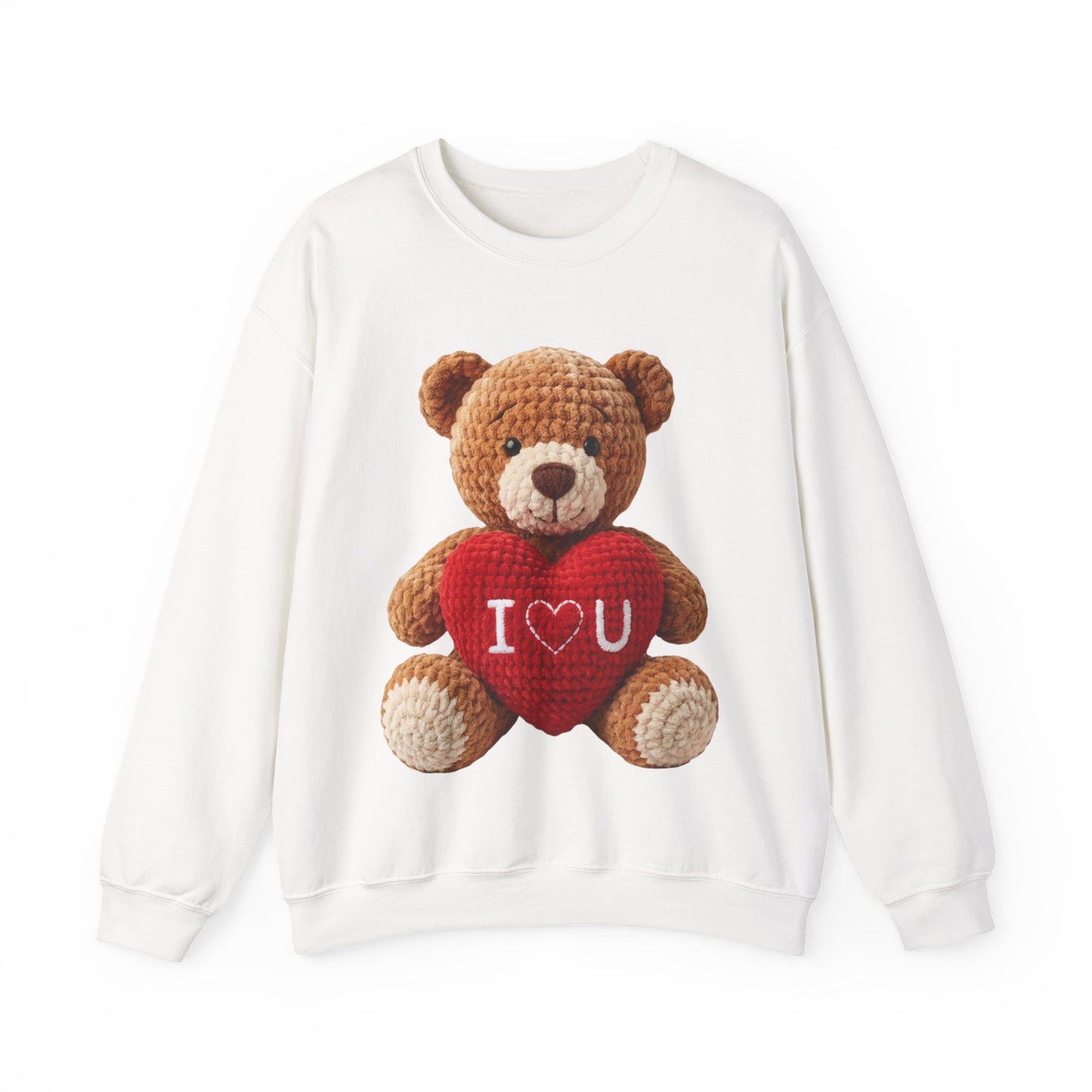 Valentine Faux Crochet I ❤️ U Teddy Bear Graphic Crewneck Sweatshirt (Gildan) - Size: S-3XL - Valentine's Day Shirt