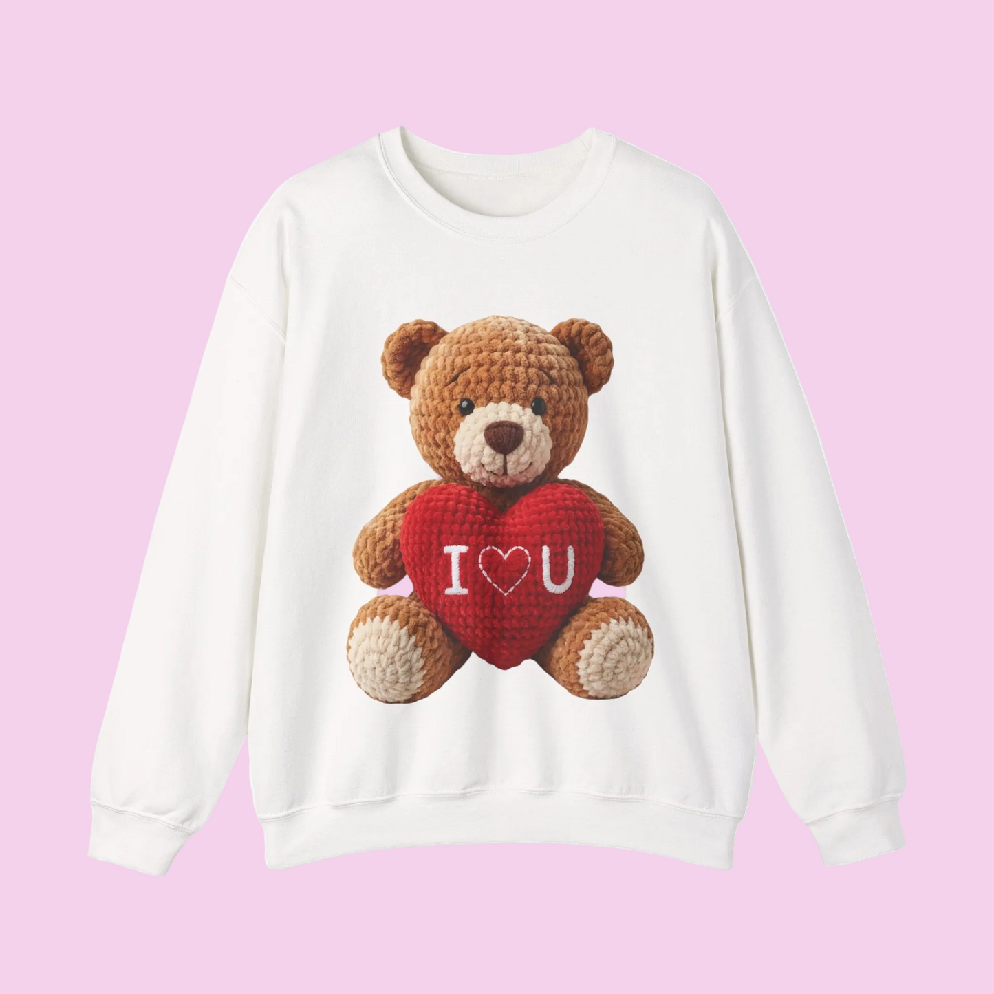 Valentine Faux Crochet I ❤️ U Teddy Bear Graphic Crewneck Sweatshirt (Gildan) - Size: S-3XL - Valentine's Day Shirt