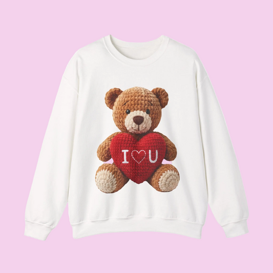 Valentine Faux Crochet I ❤️ U Teddy Bear Graphic Crewneck Sweatshirt (Gildan) - Size: S-3XL - Valentine's Day Shirt